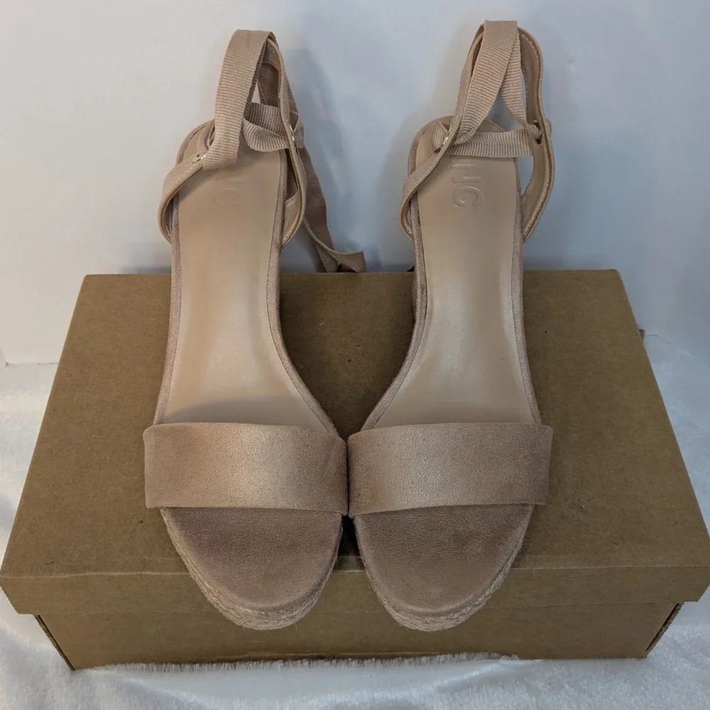 INC Womens Wrapping Ankle Maxx Almond Wedge Platform Espadrille Shoes 9 NWT